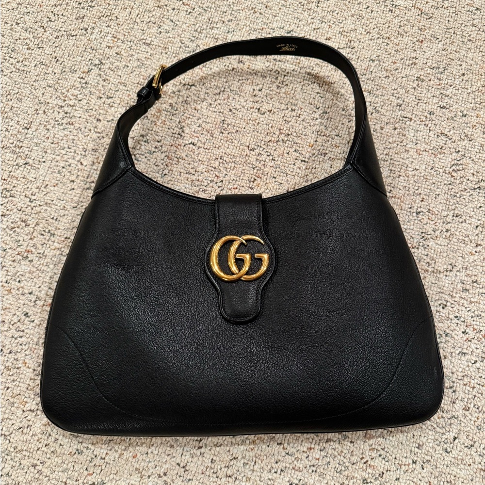 Gucci Medium Aphrodite Black Leather Shoulder Bag with Gold Hardware
